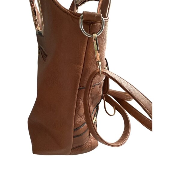 OOH Brown Multi Way Handbag Gold Cat Cutout Handle Perforated Faux Leather - Picture 8 of 8